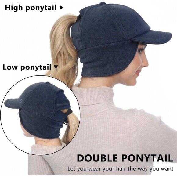 〽️Women’s Navy  Fleece Winter Hat Reflective Ponytail Ear Flap